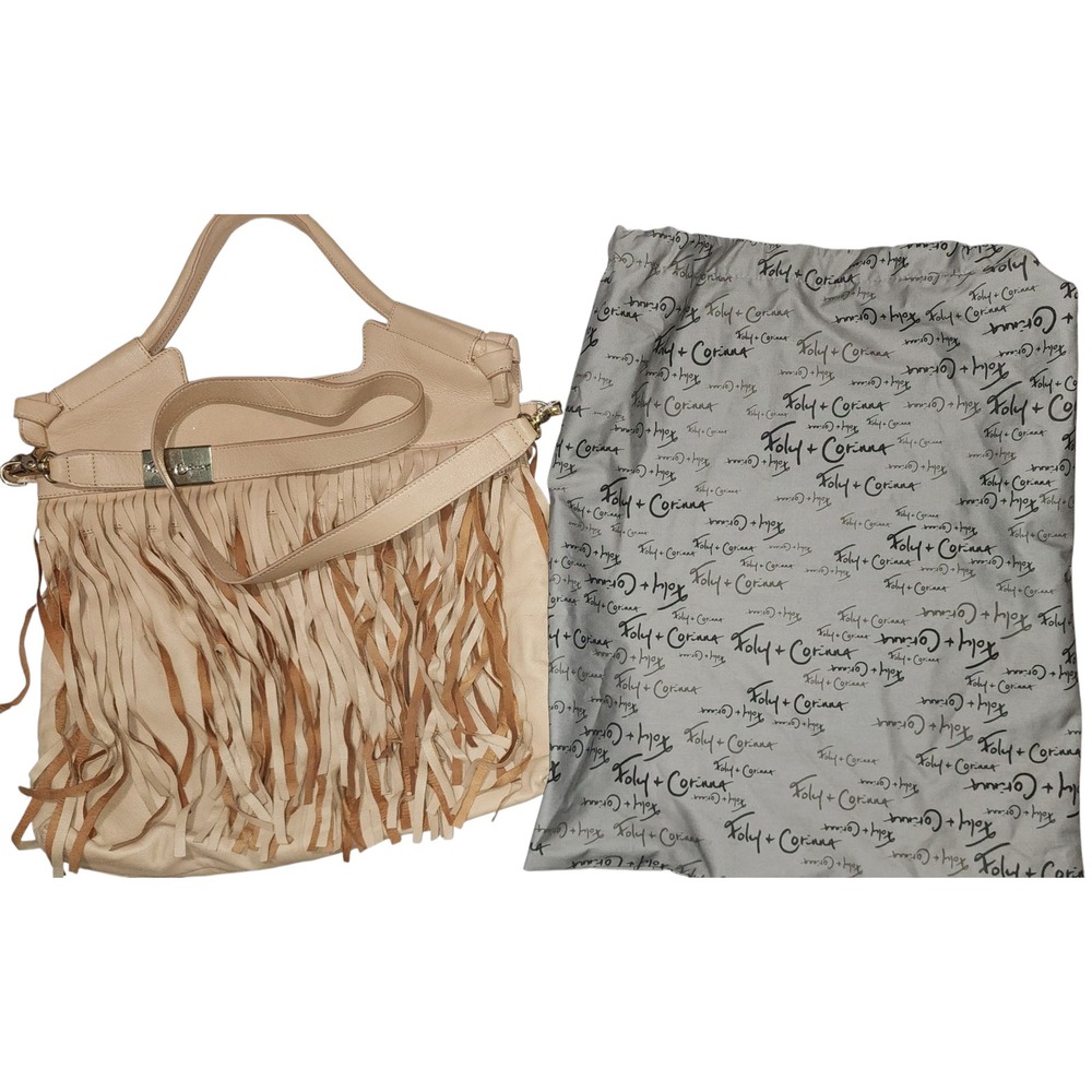 Foley + Corinna Fringe Hobo  Designer Shoulder Purse Beige Leather W/Dust Bag